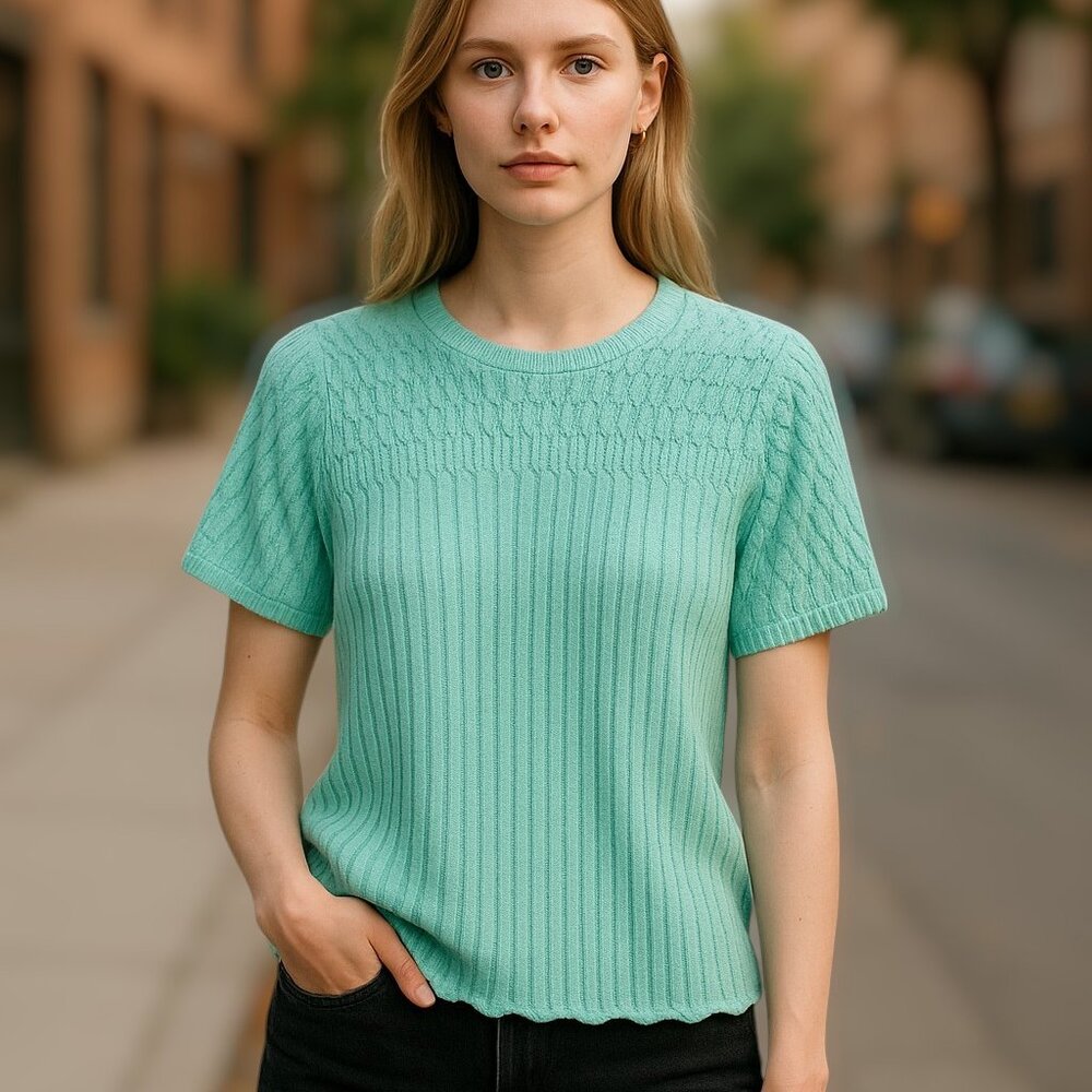 Alia Petite Short Lightweight Turquoise Blue Sweater Sz P/L